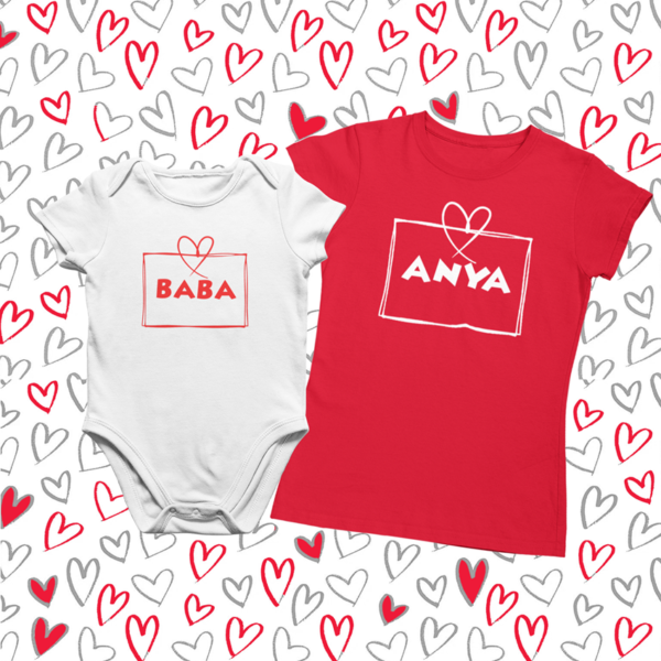 .Piros fehér Valentin Napi Póló + Baba Body szett Anyának