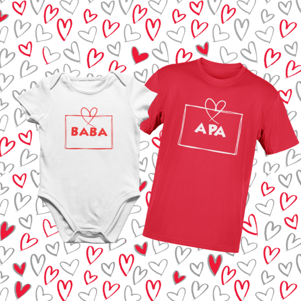 .Piros fehér Valentin Napi Póló  + Baba Body szett Apának