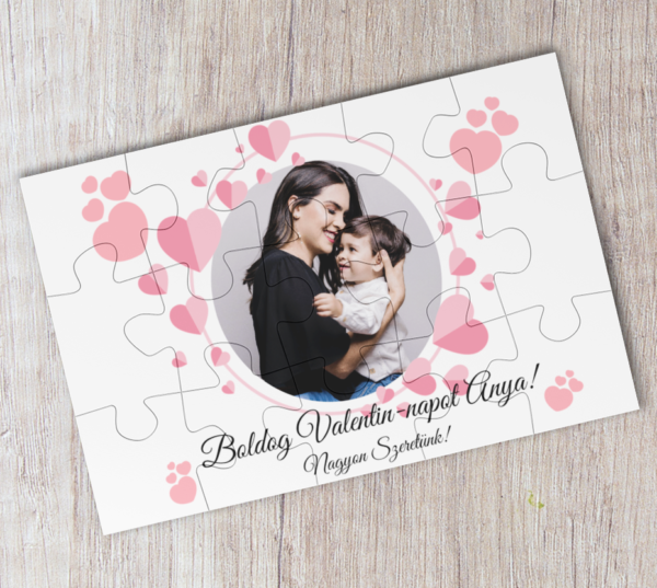 Boldog Valentin-napot Anya! Nagyon Szeretünk! rózsaszín szivecskés Fényképes mágneses Puzzle