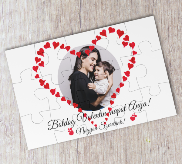 .Boldog Valentin-napot Anya! Nagyon Szeretünk! piros szivecskés Fényképes mágneses Puzzle